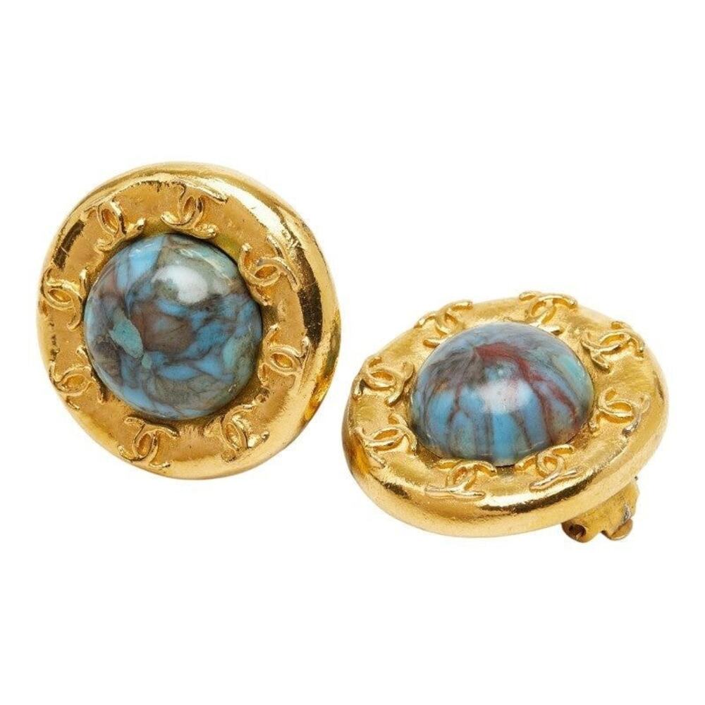 Chanel CC Logo Vintage Round Earrings Gold Blue Plating Turquoise